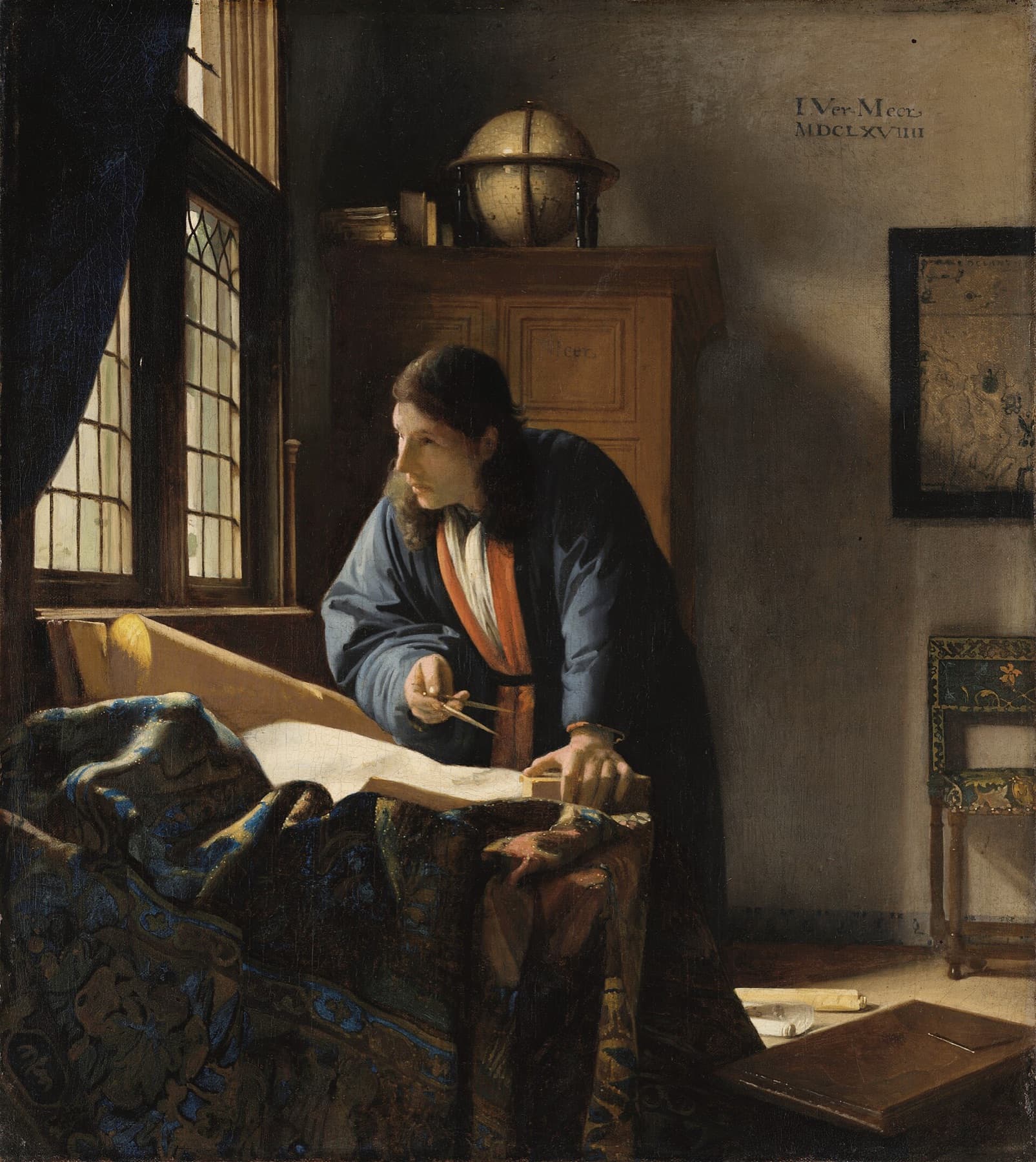 Johannes Vermeer, The Geographer: a scholar at a window, dividers in hand, over an open chart.